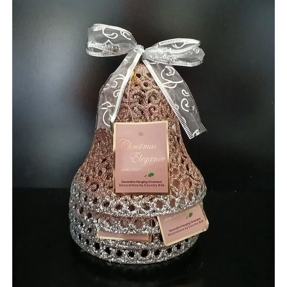 Holiday Hanging Bell Ornament Decorations Set of 4 Plastic Rose Gold/Glitter 6